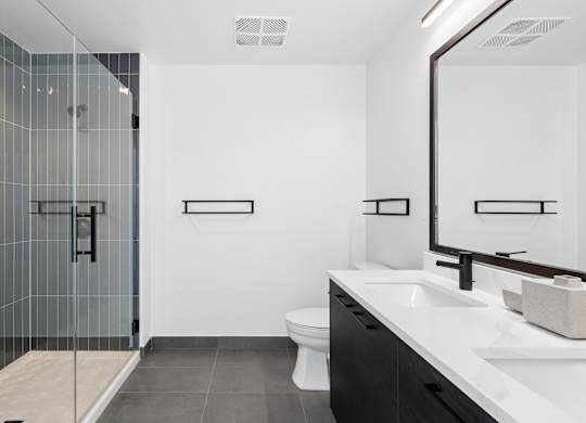 A modern bathroom with a walk-in shower, toilet, and double sinks.