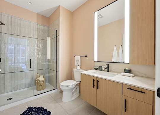 A bathroom with a toilet, sink, and shower.