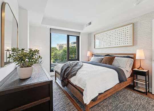 A bedroom with a large bed, a potted plant, and a mirror on the wall.