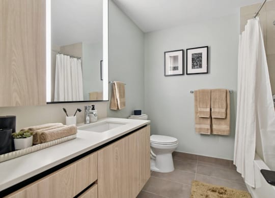 A bathroom with a toilet, sink, and shower.