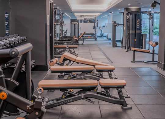 A gym with a row of benches and weights.