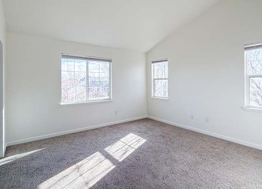 A room with two windows and carpeted floor.