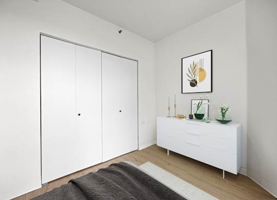 A white room with a grey rug and a white cabinet with a plant on top at Tallmadge Lofts in Denver, CO
