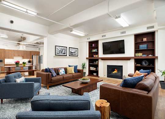 A living room with a fireplace and a television.