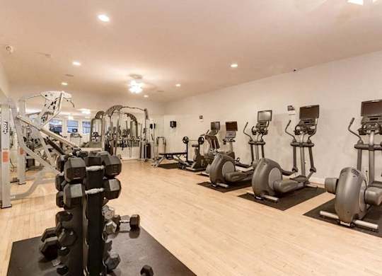 A gym with a variety of exercise equipment including treadmills, stationary bikes, and weight machines.