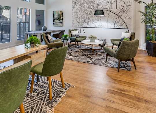 a living room filled with furniture and a large painting on the wall