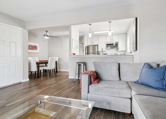 A modern living room with a grey couch and a glass coffee table.