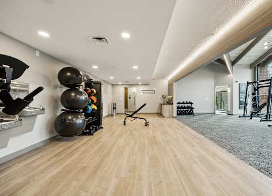 a workout room with weights and mirrors and a large window