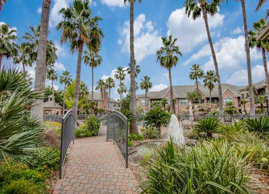 Apartments For Rent In West Houston - San Montego - Courtyard With Water Fountain, Palm Trees, Walk Way, And Maintained Landscaping