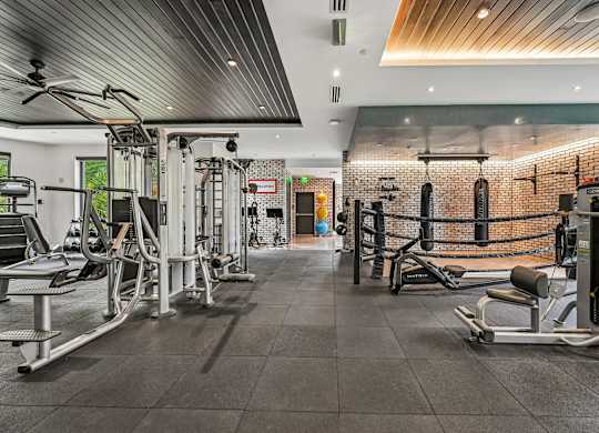 A gym with a variety of equipment including a squat rack, bench press, and a rowing machine.