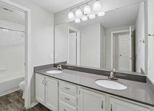 A bathroom with a sink, mirror, and a tub.