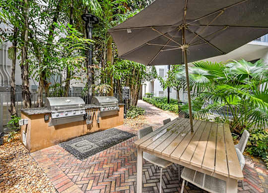 A patio with a grill and a table under an umbrella.
