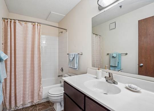 A bathroom with a toilet, sink, and shower curtain.