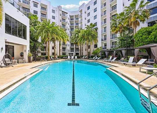 A large swimming pool in a residential area with palm trees.