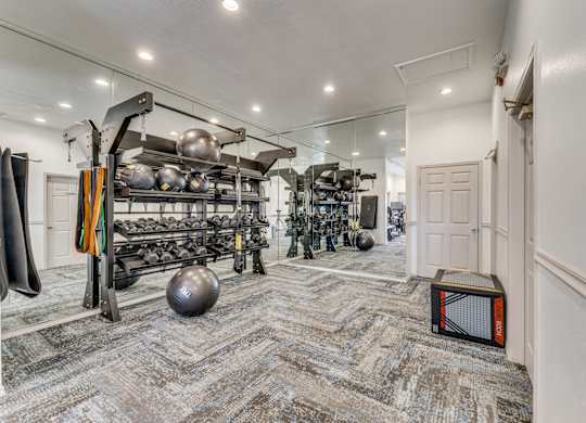 a workout room with weights and equipment and a door to a closet