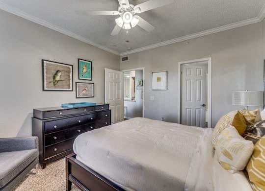 the master bedroom has a king size bed and a dresser and chair
