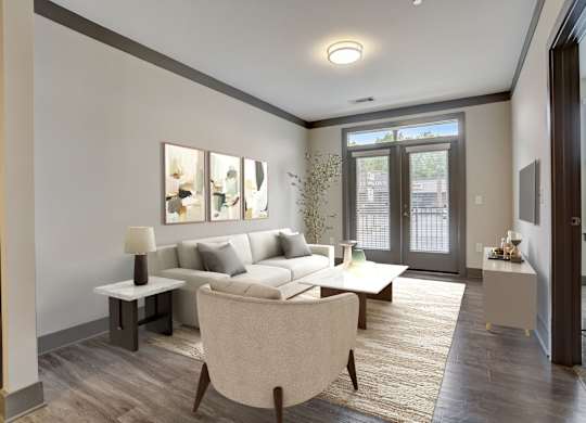 Nashville Apartments - Octave Apartments - Living Room with wood style flooring and french doors patio