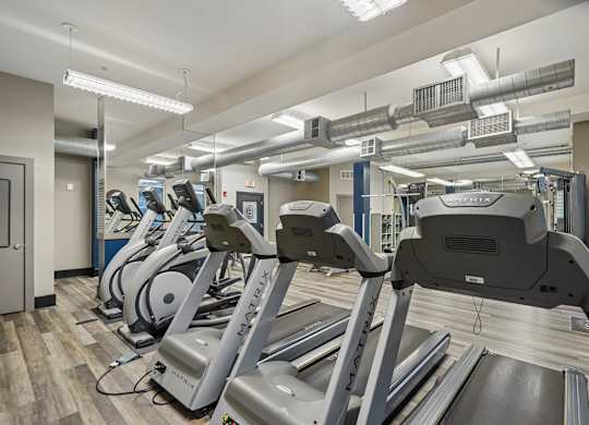 A gym with treadmills and elliptical machines.