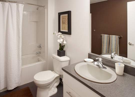 a bathroom with a sink toilet and a bath tub
