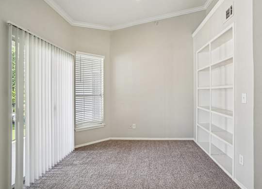 A room with a carpeted floor and a white closet.