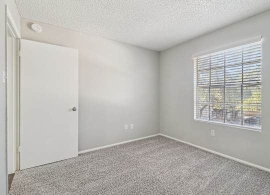 A room with a white door, carpeted floor, and a window with blinds.