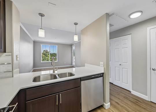 A modern kitchen with a stainless steel sink and brown cabinets.