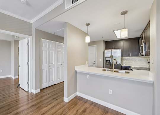 A kitchen with a white countertop and a white door.