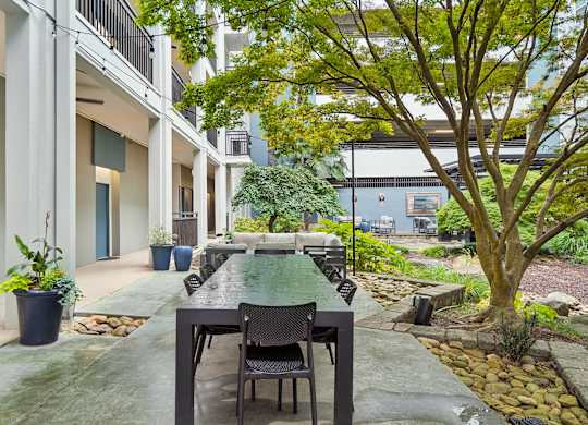 A patio with a table and chairs is surrounded by trees and plants.