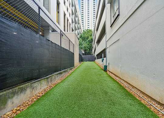 A narrow alley with a green lawn in the middle.