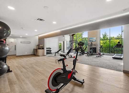 A room with a stationary bike and a rowing machine.