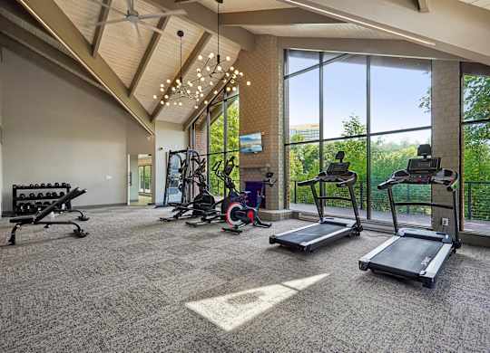 A spacious gym with treadmills, weights, and exercise equipment.