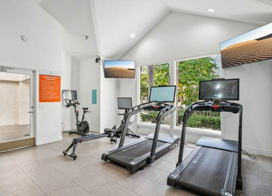 A gym with treadmills and exercise bikes.