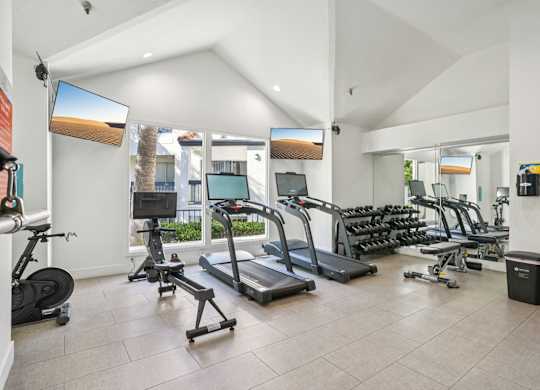A gym with treadmills, elliptical machines, and other exercise equipment.