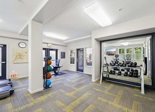 A gym room with a row of dumbbells and a bench press.