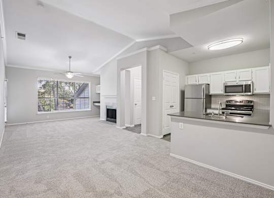 A spacious living area with a kitchenette and a fireplace.