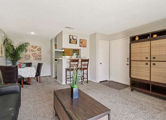 A living room with a couch, chairs, and a coffee table.