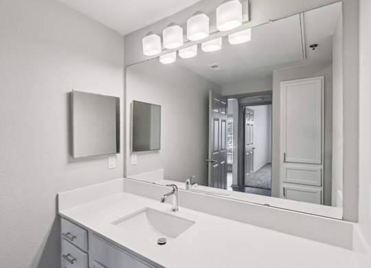 A bathroom with a sink, mirror, and lights.