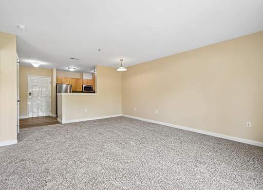 A large empty room with a carpeted floor and a doorway leading to another room.