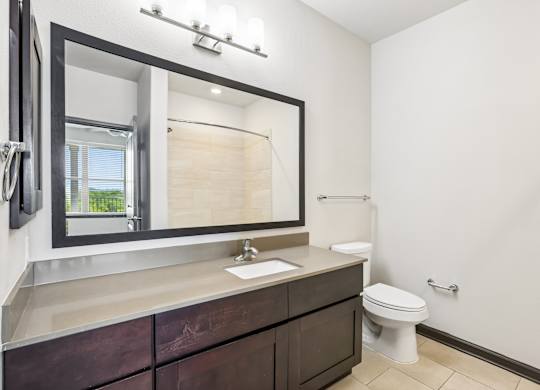 A bathroom with a white toilet and a large mirror above a sink.