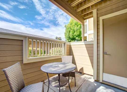 Silicon Vally, CA Apartments - Terra House - Outdoor Private Balcony/Patio With Coffee Table, Chairs, And Storage Room