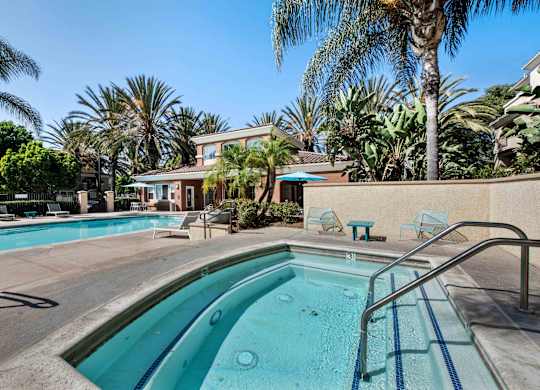 A swimming pool surrounded by palm trees and a building in the background.