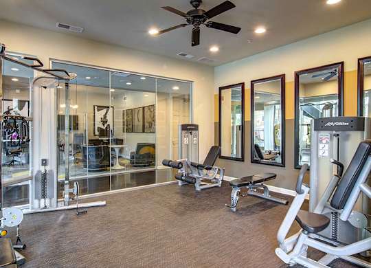 The Ascent at Windward apartments in Alpharetta Georgia photo of fitness center- weighted machines