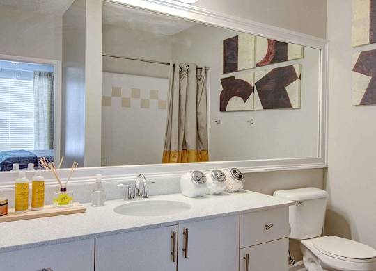 Pet-Friendly Apartments in Alpharetta, GA – The Ascent at Windward – bathroom with upgraded materials including granite countertops