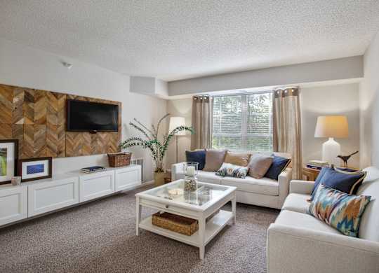 a living room with couches and a coffee table