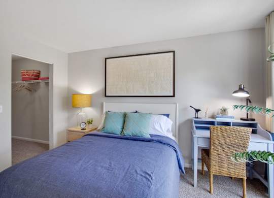 a bedroom with a bed and a desk and a closet