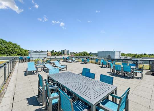 A large table surrounded by chairs on a patio.