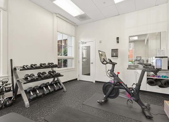 a gym with exercise equipment and dumbbells on the wall