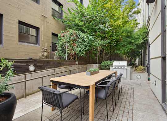 the outdoor patio has a table and chairs and a grill