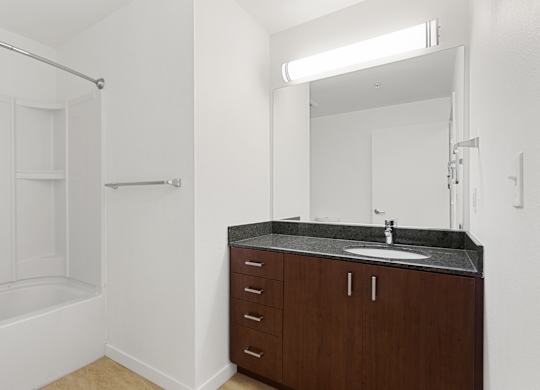 a bathroom with a sink and a mirror and a shower