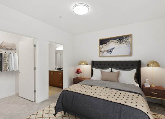 a bedroom with a bed and a closet